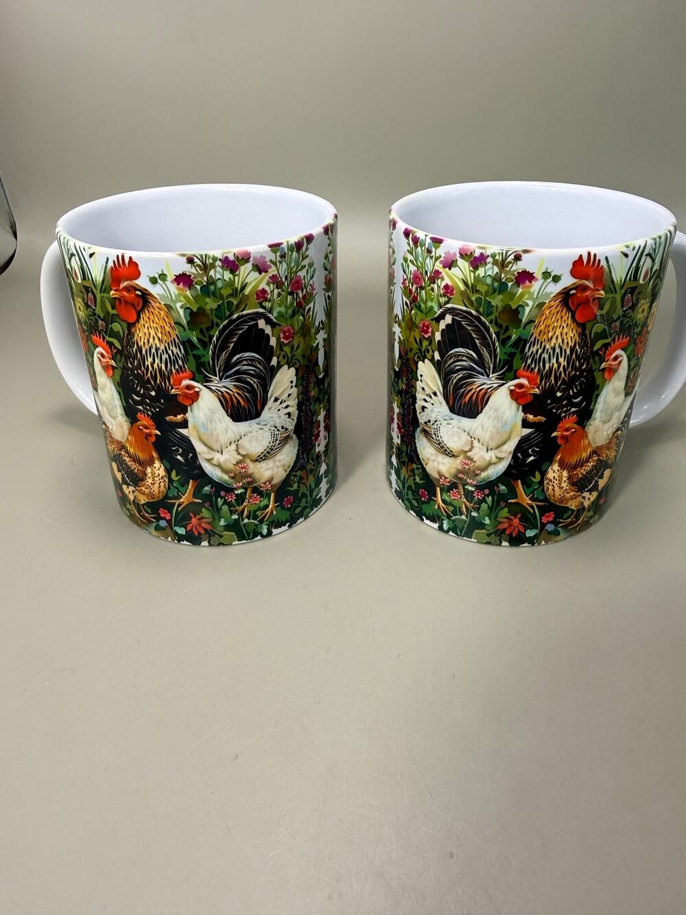 chicken-themed coffee mug features colorful watercolor design of roosters & hens